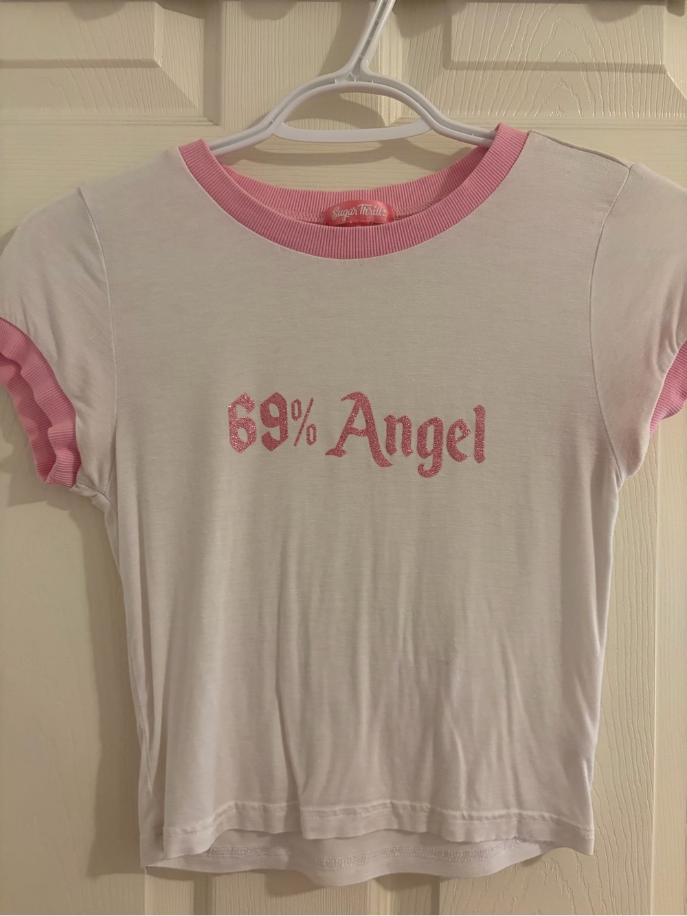 Sugar Thrillz White Angel Crop Top With Pink Details and Sparkle Graphic